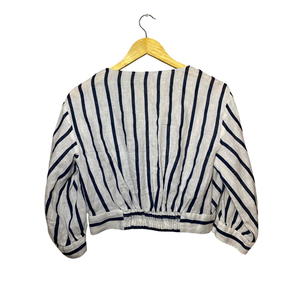 Zara Womens Navy Blue White Striped Linen Wrap Crop Top Gold Button Size Medium - Picture 2 of 10